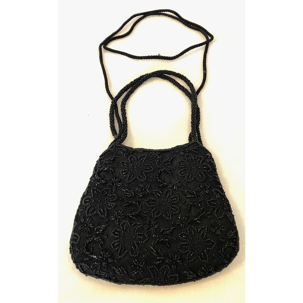 Cache Women’s Black Beaded Small Evening Shoulder Purse Handbag Rope Strap